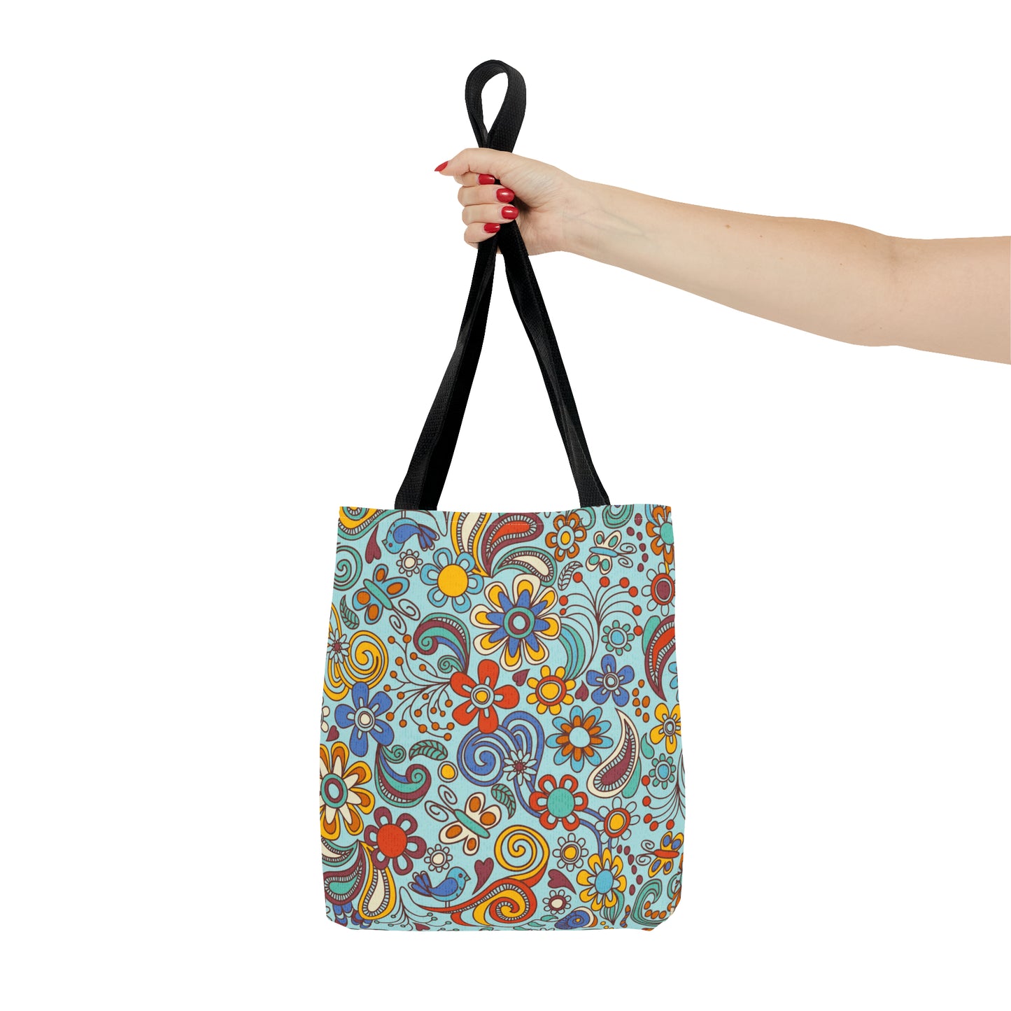 Cheerful Tote Bag with 60's Boho Flower Power Print. Available in 3 sizes.