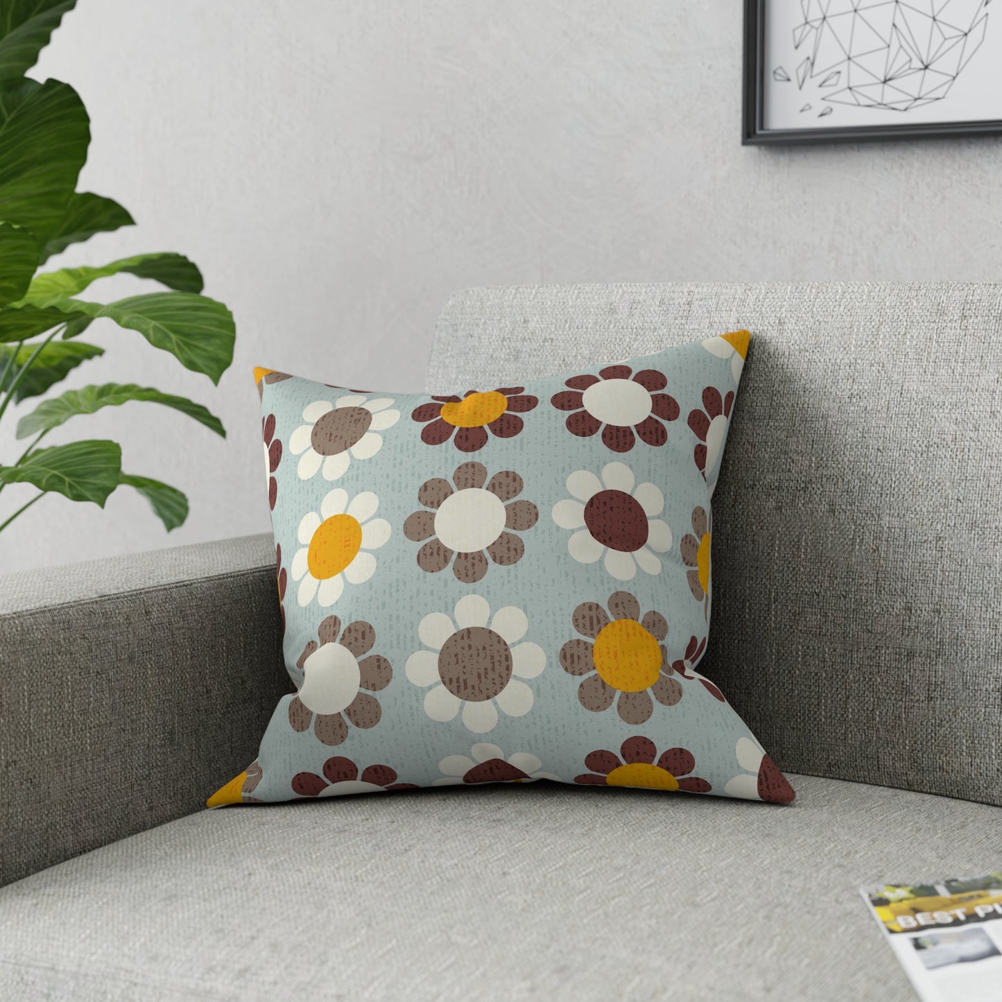 Accent Pillow with Retro Flower Power Daisy Pattern on the front, Matching Stripes on the back. 5 sizes. Pillow Insert Included