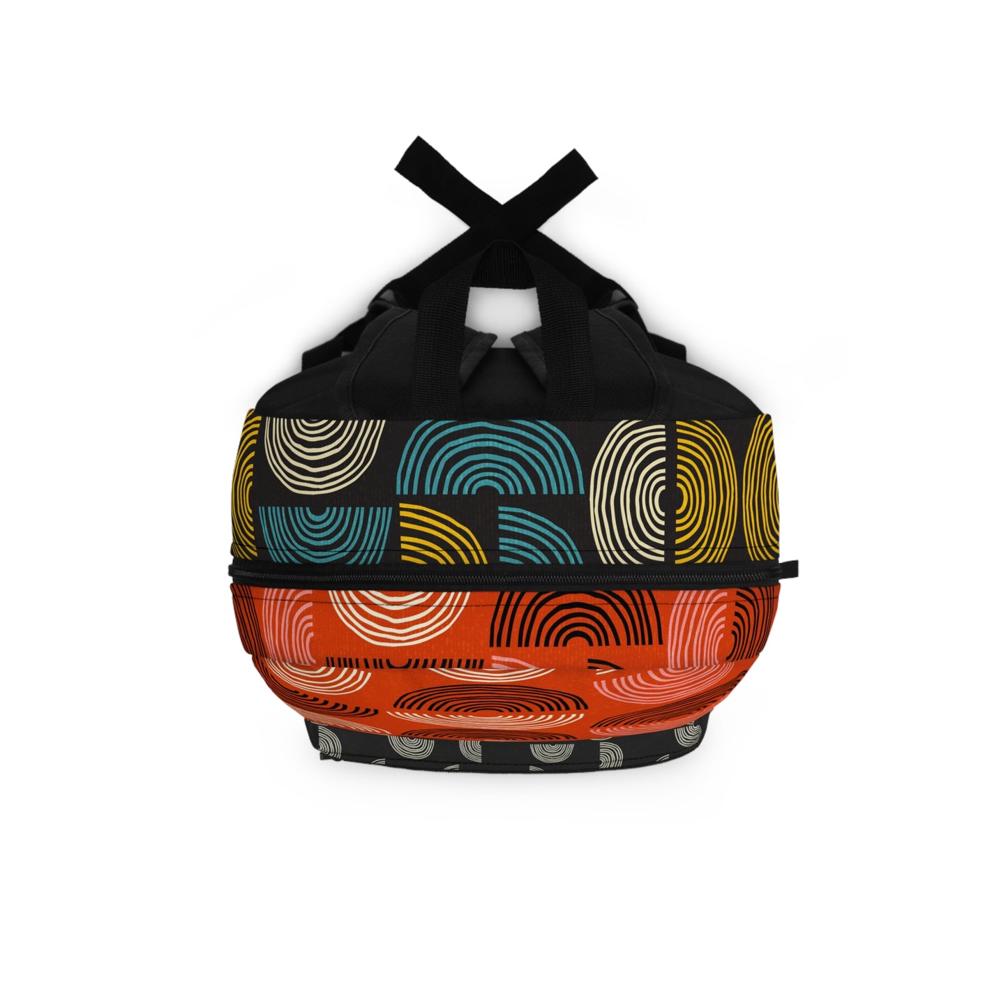 Custom All Over Print Backpack. 3 Retro Patterns in Red, Black, Teal and Gold. Size 12'' x 17" x 5".