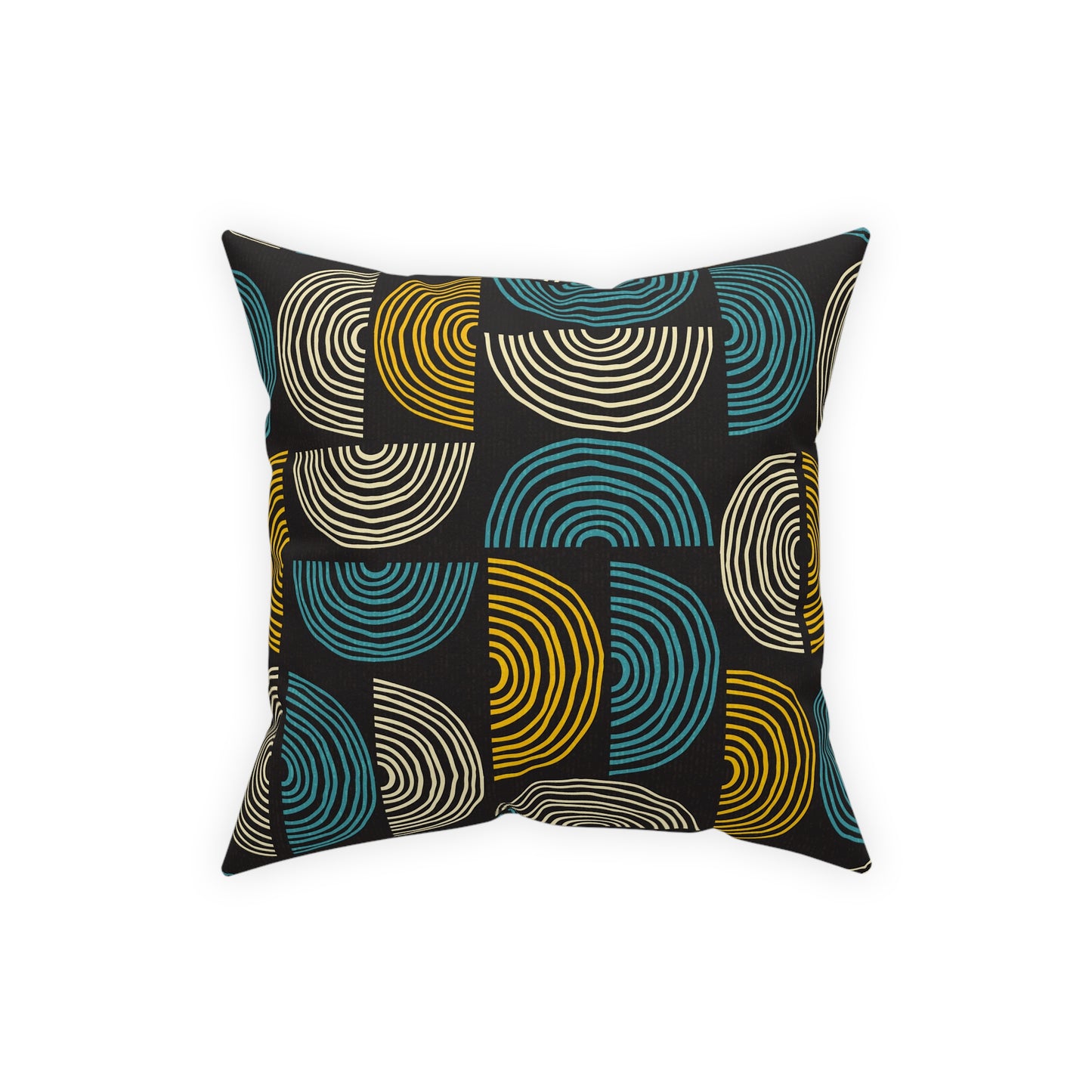 Mid-Century Modern Accent Pillow. Turquoise & Gold on Black. A different Circle Pattern on Each Side. 5 sizes. Insert included.