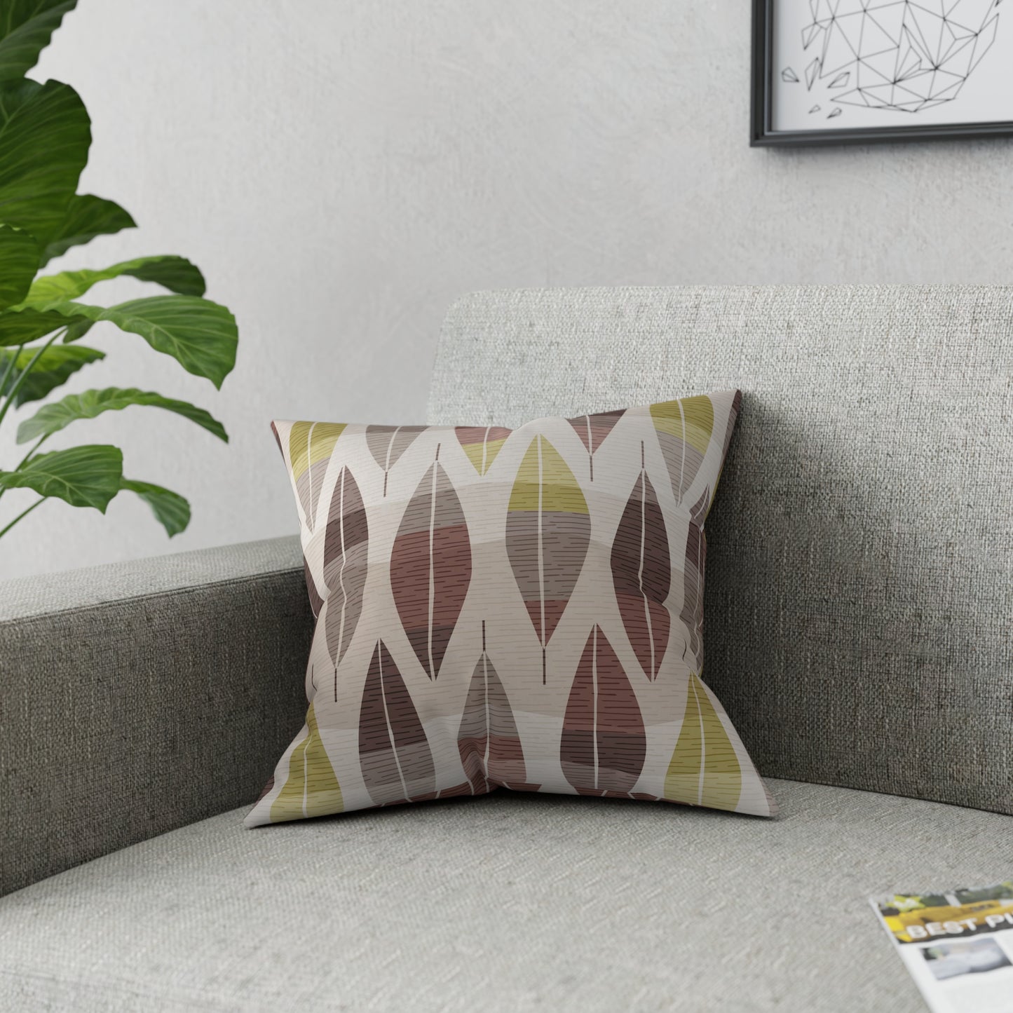 Accent Pillow with Mid-Century Leaf Patterns in Earth Tones. A Different Coordinating Print on Each Side. 5 Sizes. Pillow Insert Included.