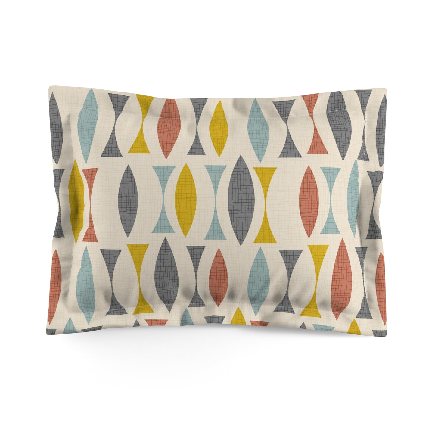 Pillow Sham with Mid Century Print. Original Abstract Pattern in Cream, Light Blue, Muted Red and Gold. Standard and King Sizes.