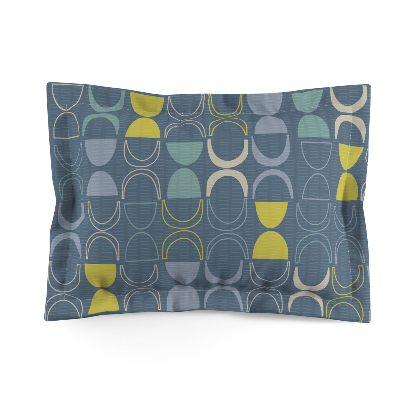 Pillow Sham with Mid-Century Print in Blues and Greens. Pairs with Duvets. Standard and King Sizes.