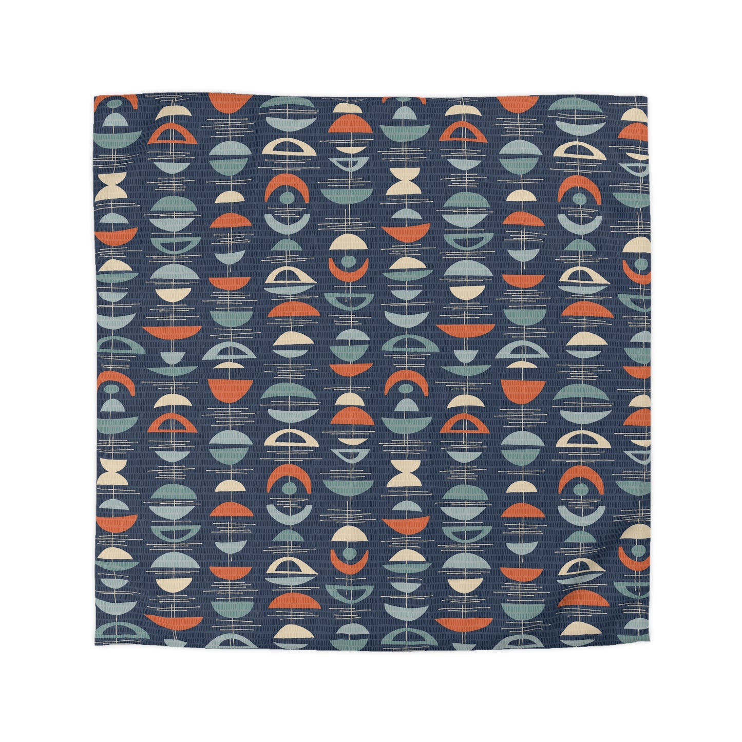 Mid Century Modern Duvet Cover in Deep Blue, Dark Coral and Grey. Original Abstract Crescent Pattern. 4 sizes.