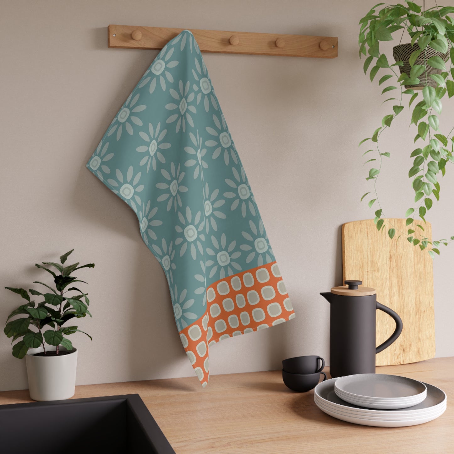 Scandinavian Inspired Kitchen Towel, Teal Pattern. 100% Cotton, 18'' x 30''.