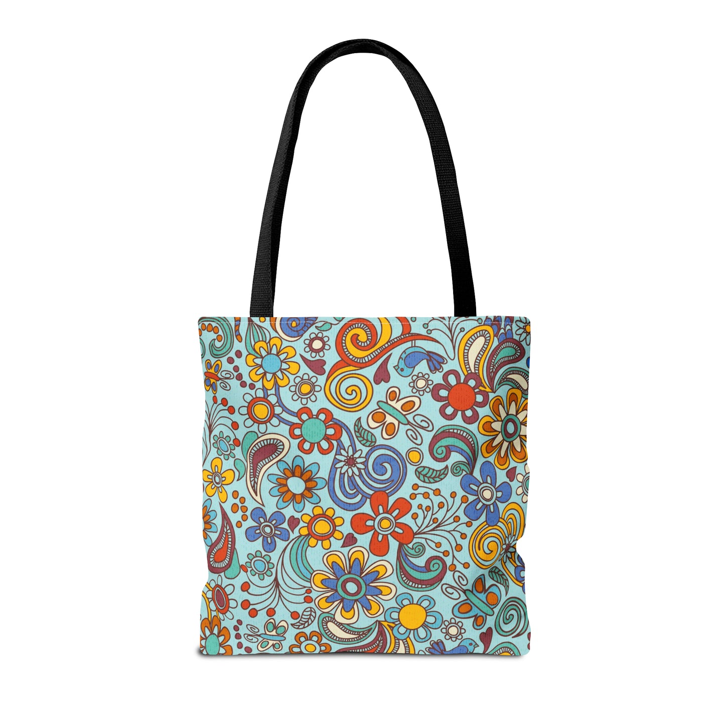 Cheerful Tote Bag with 60's Boho Flower Power Print. Available in 3 sizes.