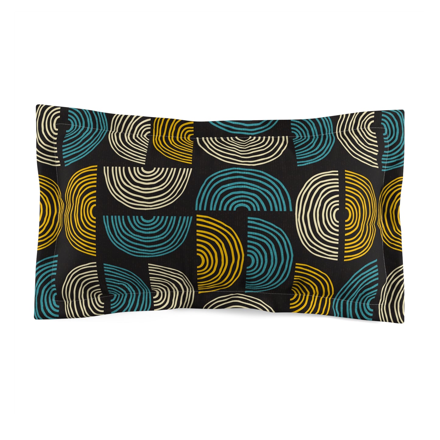 Mid-Century Modern Pillow Sham. Unique Circle Pattern in Turquoise and Gold on Black. Pairs with Duvets. Standard and King Sizes.