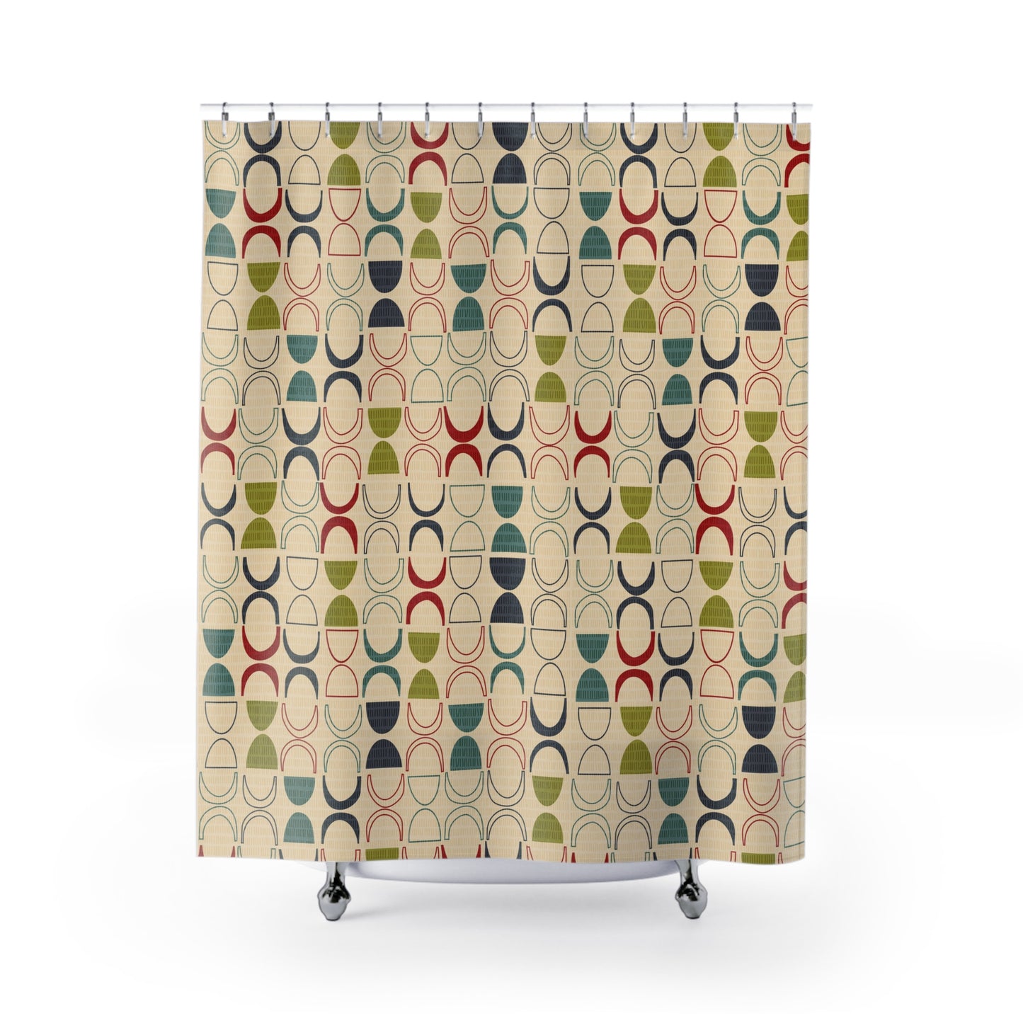 Fabric Shower Curtain with Original Abstract Mid-Century Pattern on Beige Background.