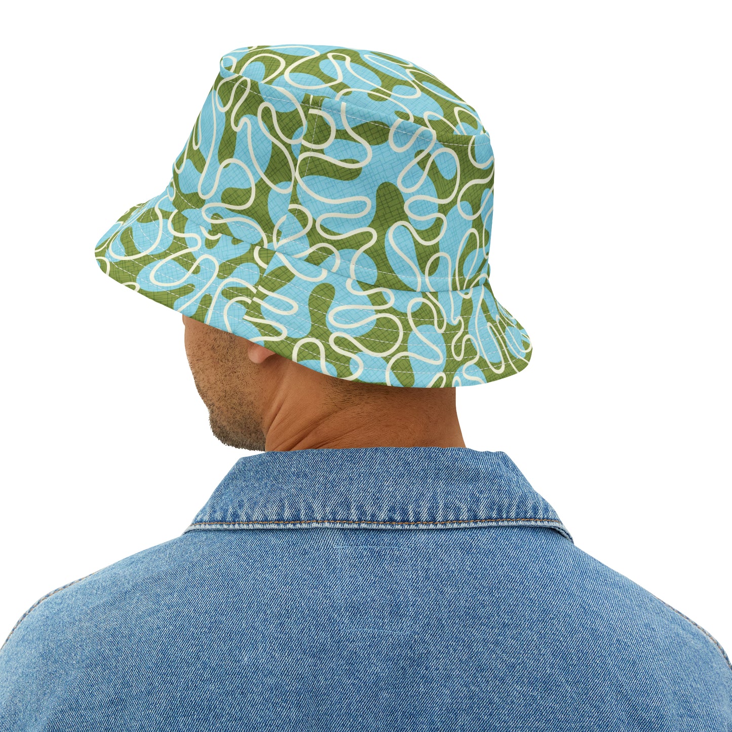 Summer Bucket Hat with Wild Abstract Surfer Print in Pool Blue and Green. Available in 2 sizes.