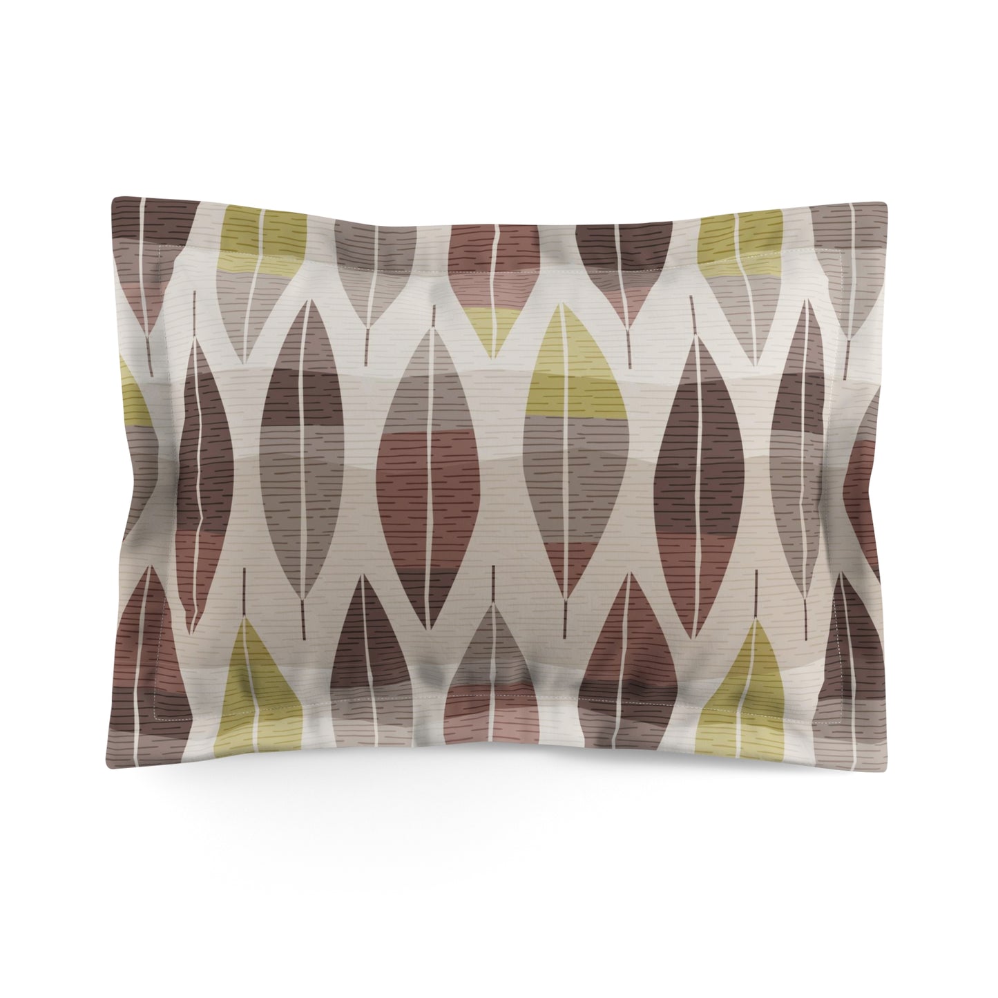 Mid-Century Modern Pillow Sham with Original Leaf pattern in Earth Tones. Pairs with Duvets. Standard and King Sizes.