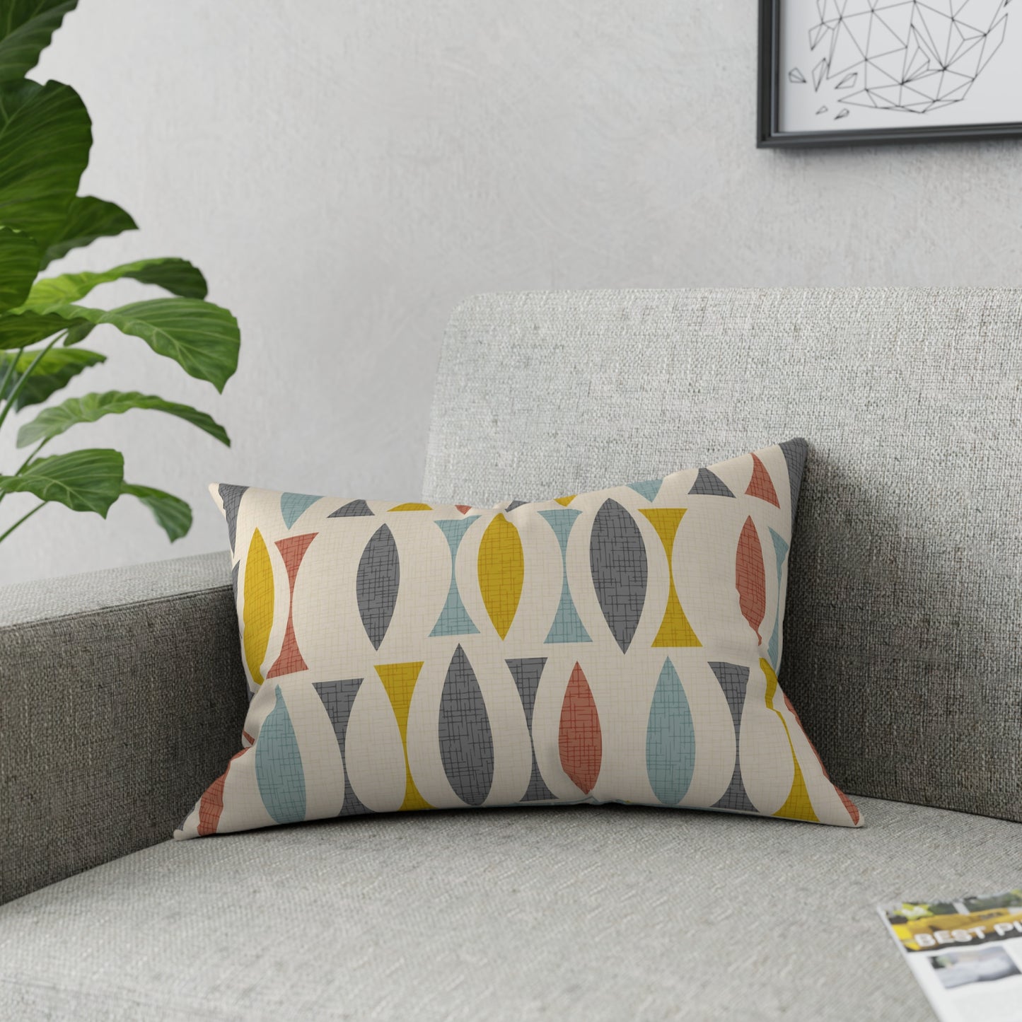 Accent Pillow with 2 Abstract Mid-Century Patterns in Cream, Mint, Muted Red and Gold. 5 sizes. Pillow Insert included.