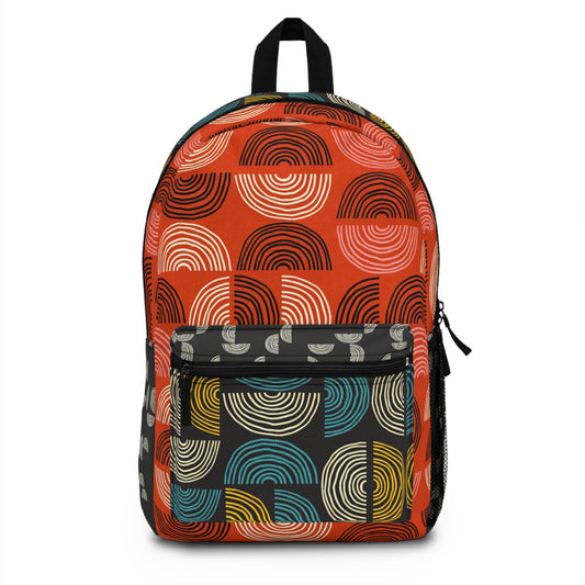 Custom All Over Print Backpack. 3 Retro Patterns in Red, Black, Teal and Gold. Size 12'' x 17" x 5".