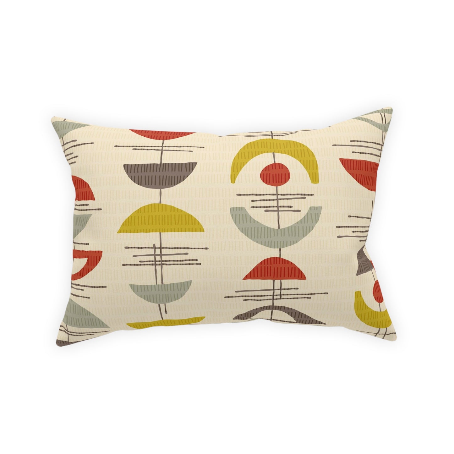 Mid Century Accent Pillow in Cream, Red, Sage Green and Gold. A Different Pattern Printed on Each Side. 5 sizes. Pillow insert included.