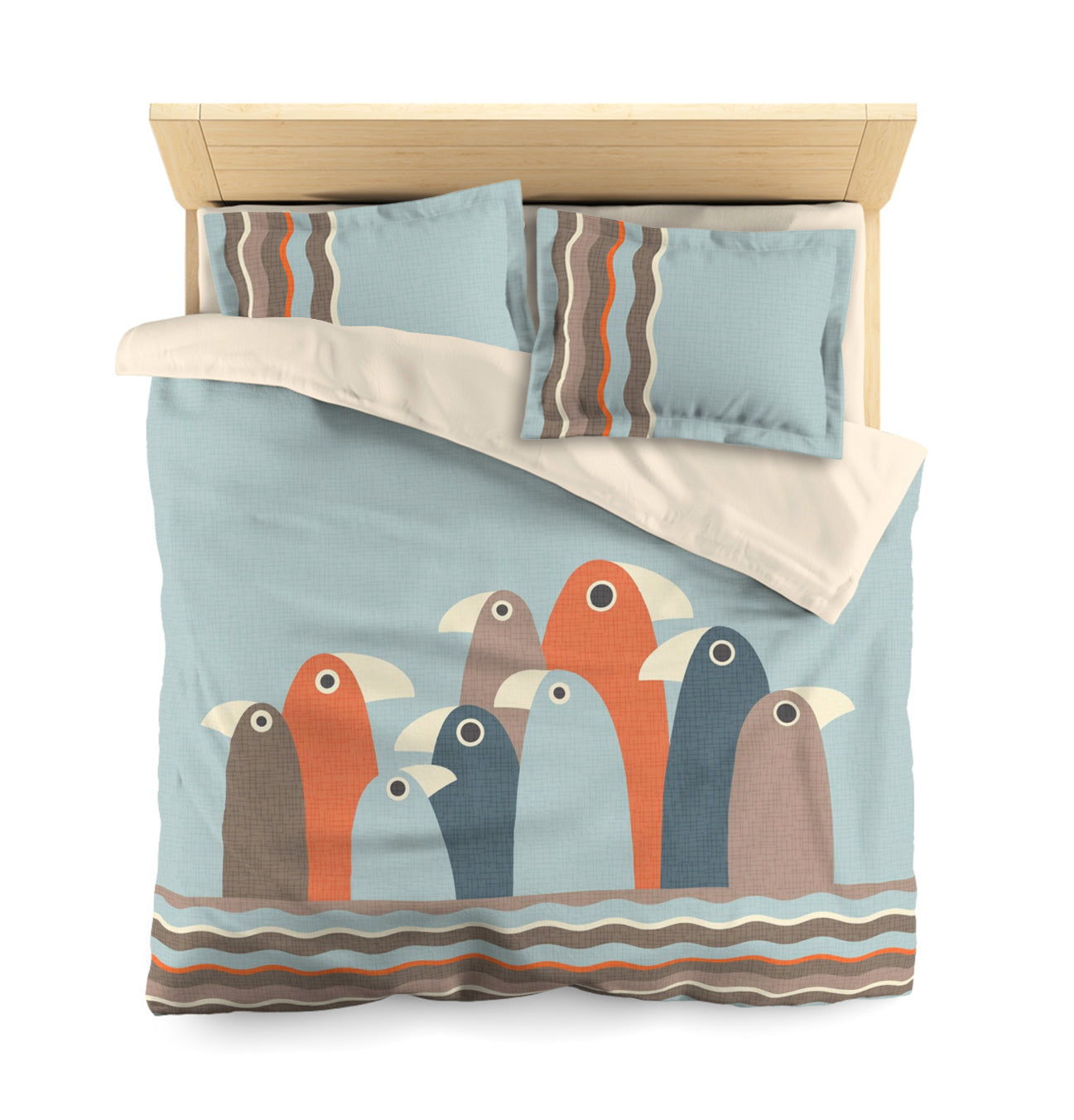 Cute Duvet Cover with Minimalist Design. Gaggle of Quirky Birds in Mint, Taupe, Coral and Grey. Original Illustration and Design. 2 Sizes.