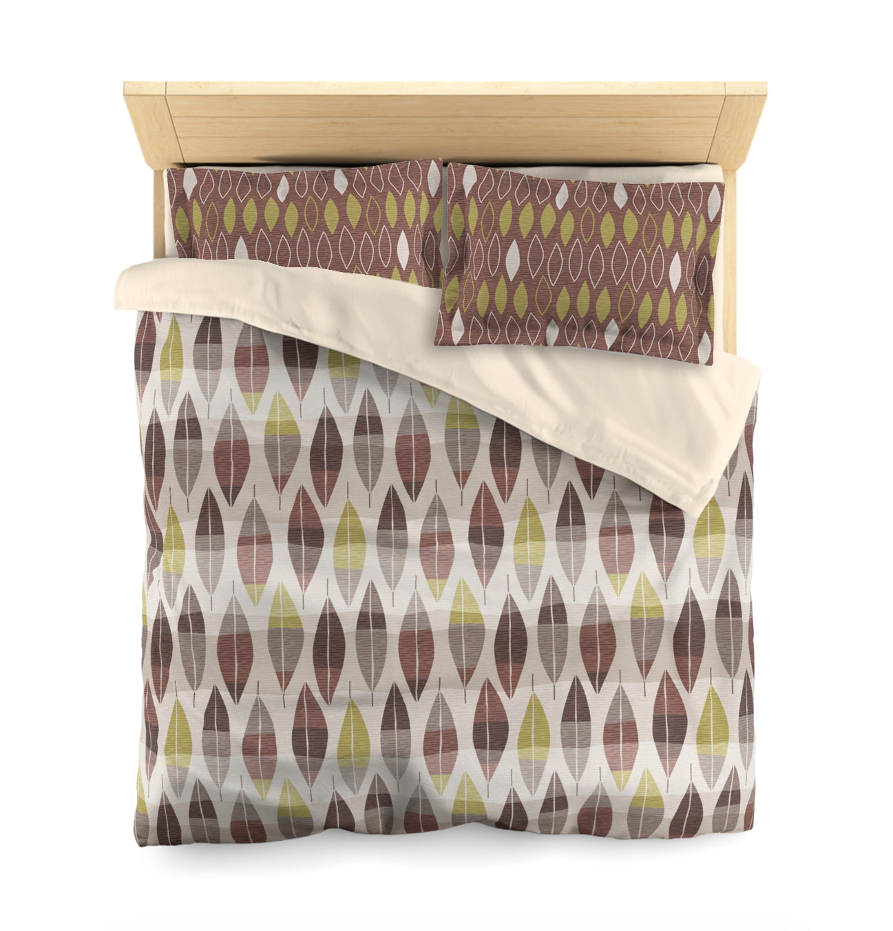 Mid-Century Modern Pillow Sham. Original Abstract Leaf Pattern in Brown & Olive Green. Pairs with Duvets. Standard and King Sizes.