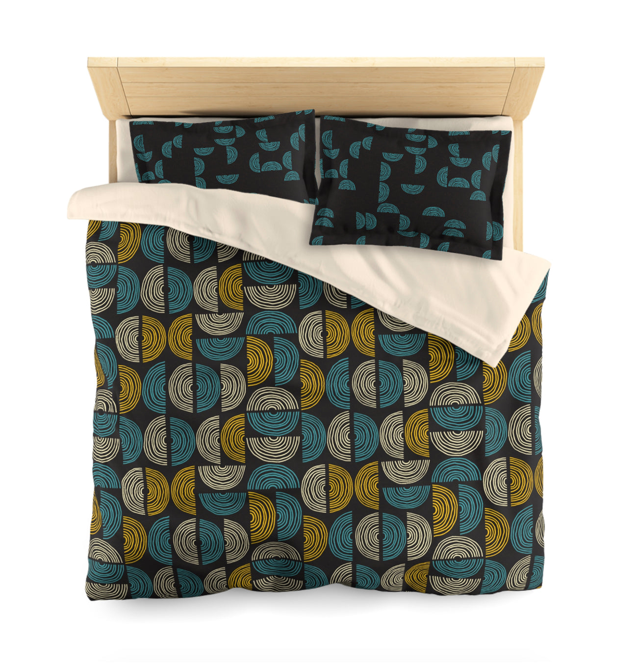 Duvet Cover with Mid Century Print in Black, Turquoise and Gold. 4 Sizes.