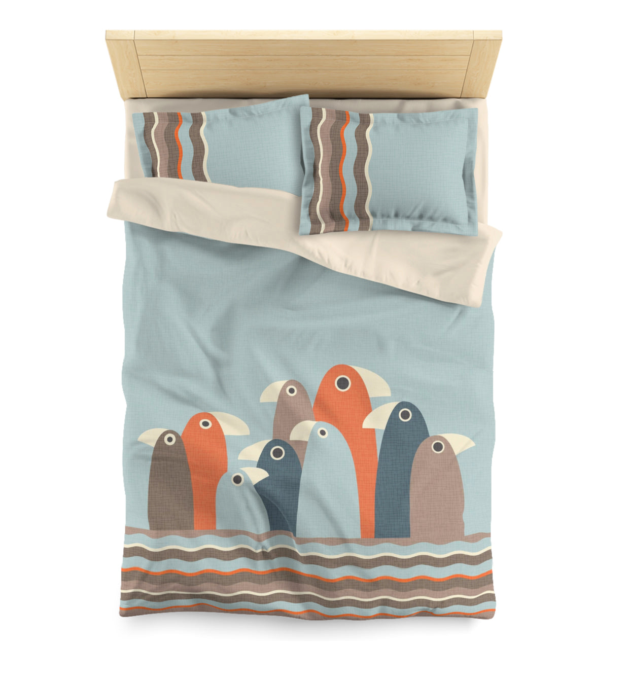 Cute Duvet Cover with Minimalist Design. Gaggle of Quirky Birds in Mint, Taupe, Coral and Grey. Original Illustration and Design. 2 Sizes.