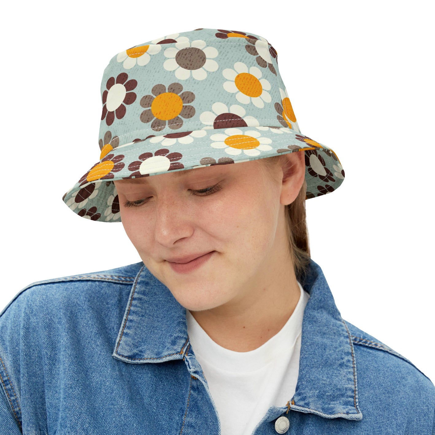 Cute Bucket Hat with Retro Daisy Print. Available in 2 sizes.