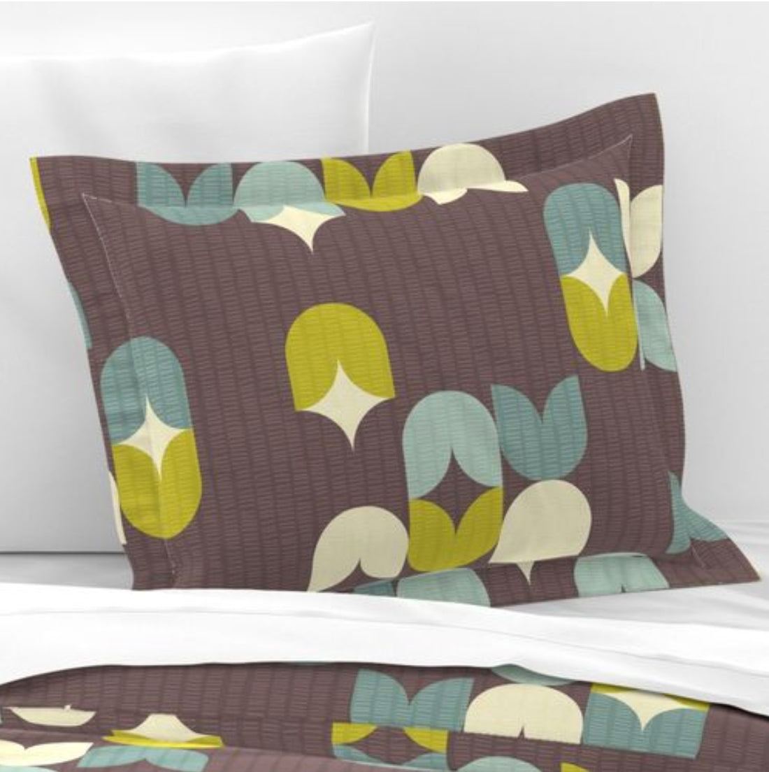 Modern Pillow Sham with Scandinavian Pattern in Chocolate, Mint and Lime Green. Pairs with Duvets. Standard and King Sizes.