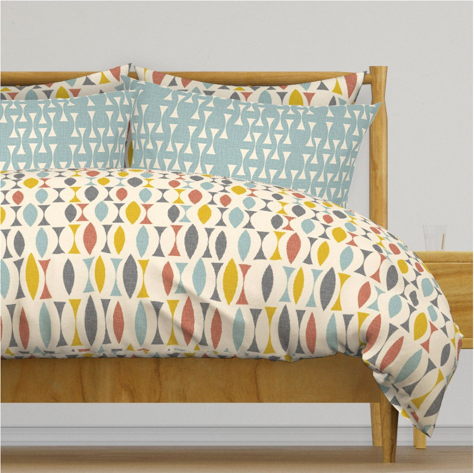 Mid Century Modern Duvet Cover. Cream, Light Blue, Muted Red and Gold. 4 sizes