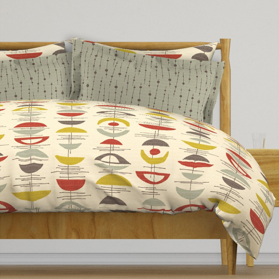 Mid Century Modern Duvet Cover in Cream, Red and Sage Green. Original Abstract Crescent Pattern in 4 sizes.