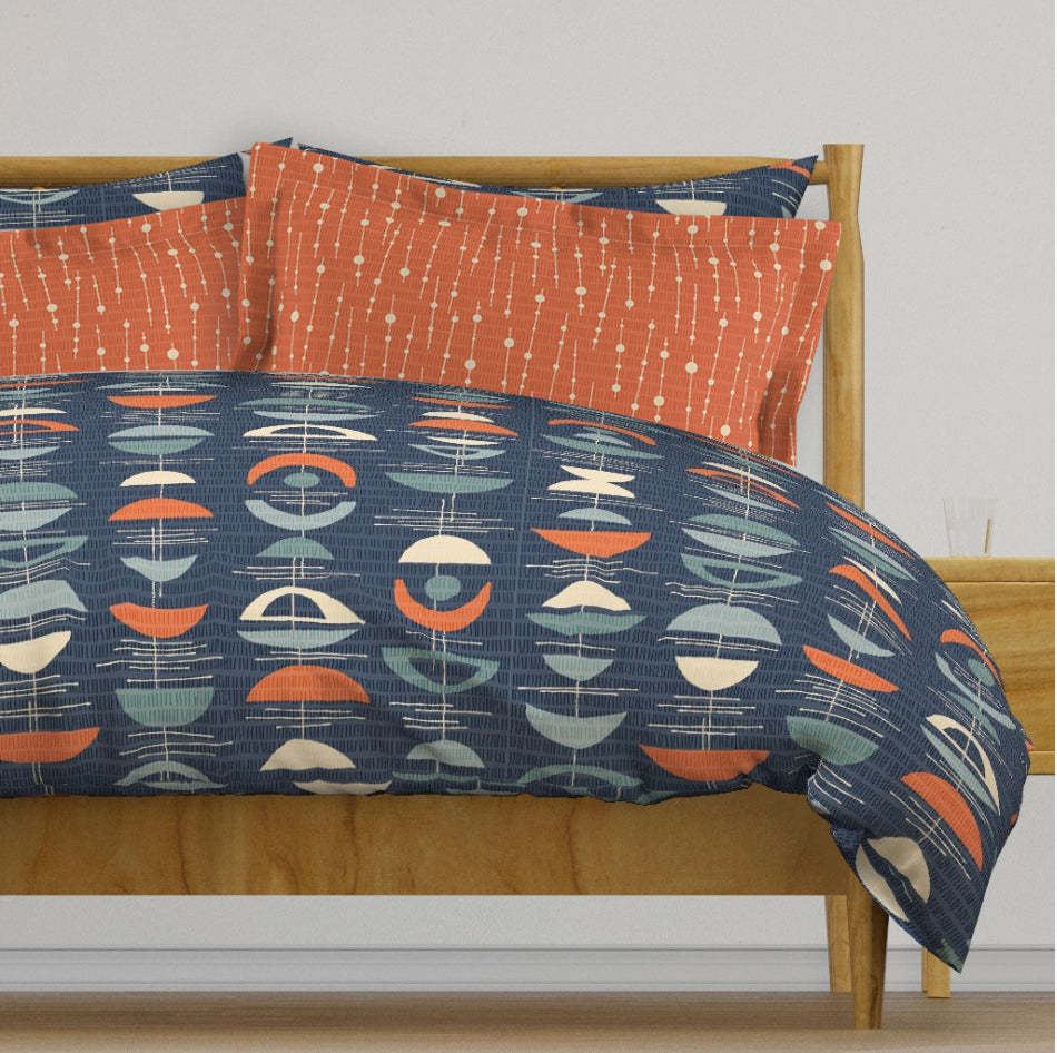 Mid Century Modern Duvet Cover in Deep Blue, Dark Coral and Grey. Original Abstract Crescent Pattern. 4 sizes.