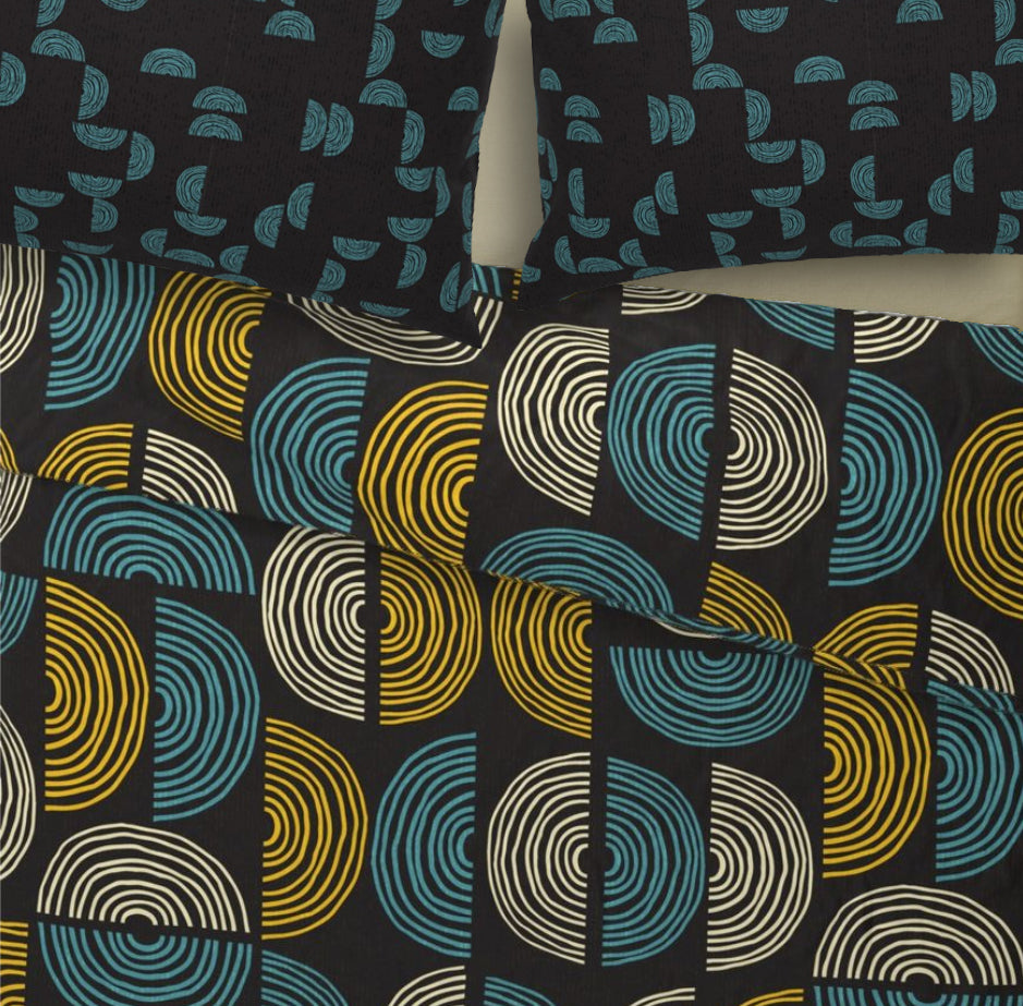 Duvet Cover with Mid Century Print in Black, Turquoise and Gold. 4 Sizes.