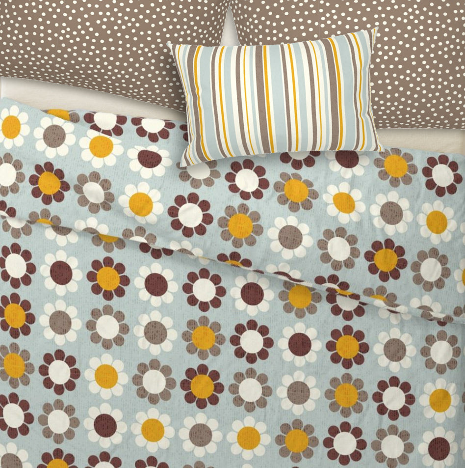 Duvet Cover with Mid Century Daisy Print. Original Pattern in Mint, Orange and Brown. 4 sizes