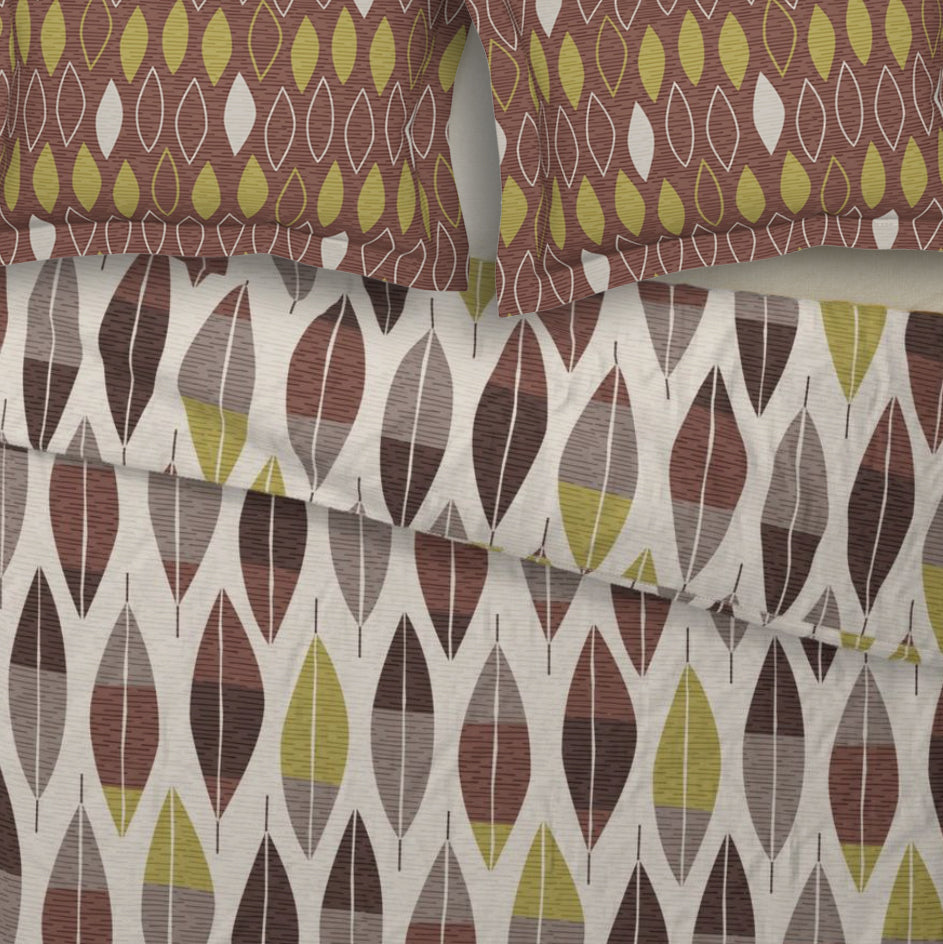 Mid-Century Modern Pillow Sham. Original Abstract Leaf Pattern in Brown & Olive Green. Pairs with Duvets. Standard and King Sizes.