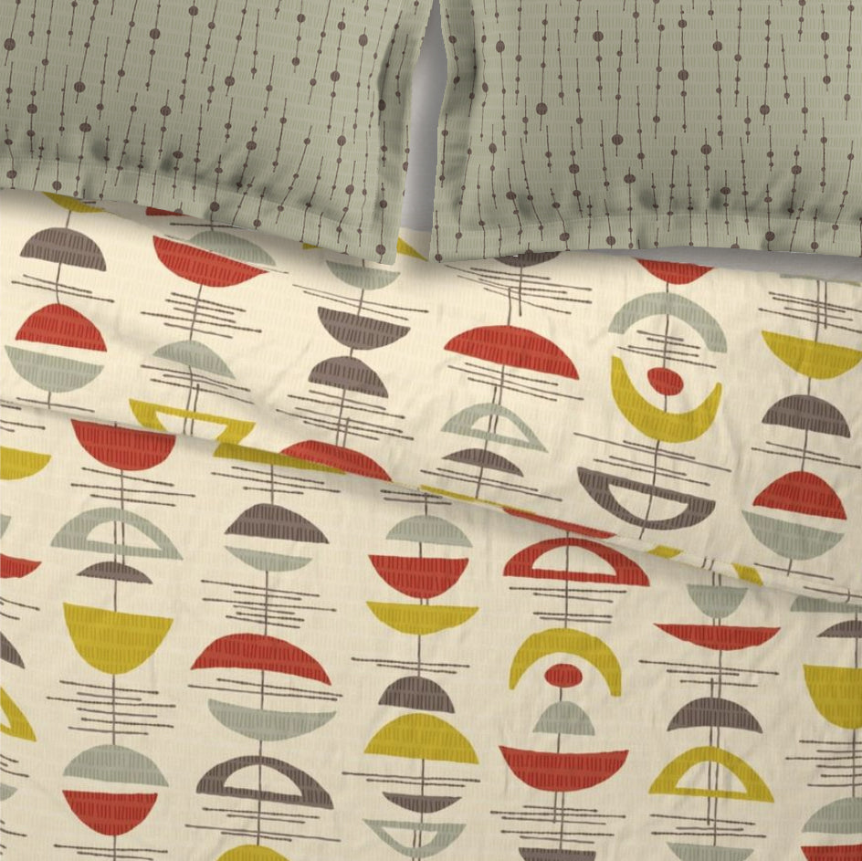 Mid Century Modern Duvet Cover in Cream, Red and Sage Green. Original Abstract Crescent Pattern in 4 sizes.