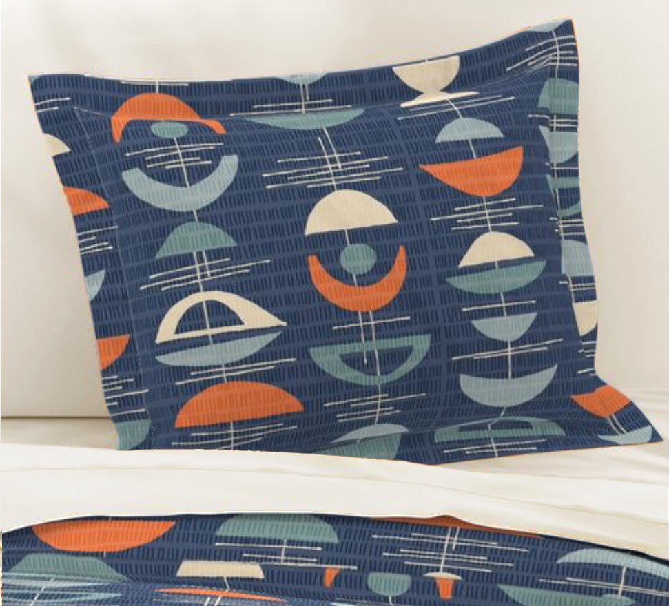 Mid-Century Modern Pillow Sham in Deep Blue. Original Abstract Pattern. Pairs with Duvets. Standard and King Sizes.