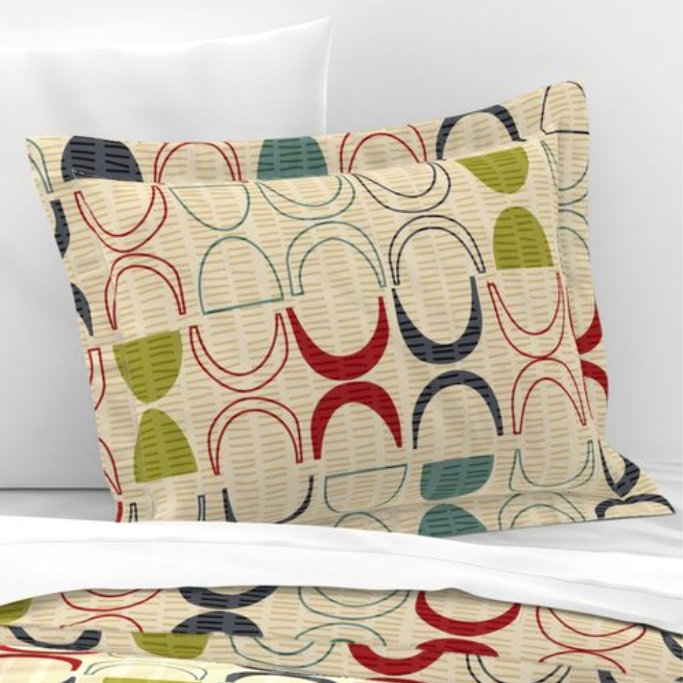 Mid-Century Modern Pillow Sham. Colorful Abstract Pattern on Beige Background. Pairs with duvets. Standard and King Sizes.