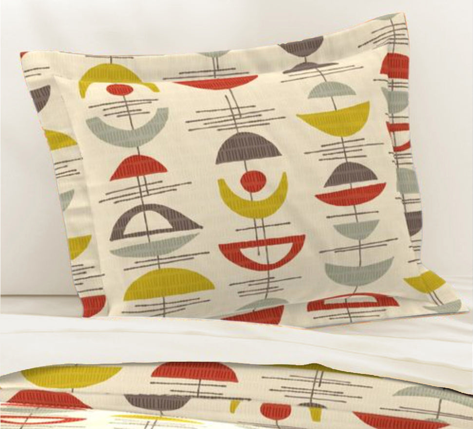 Mid-Century Style Pillow Sham. Original Abstract Pattern in Cream, Red and Sage Green. Standard and King Sizes.