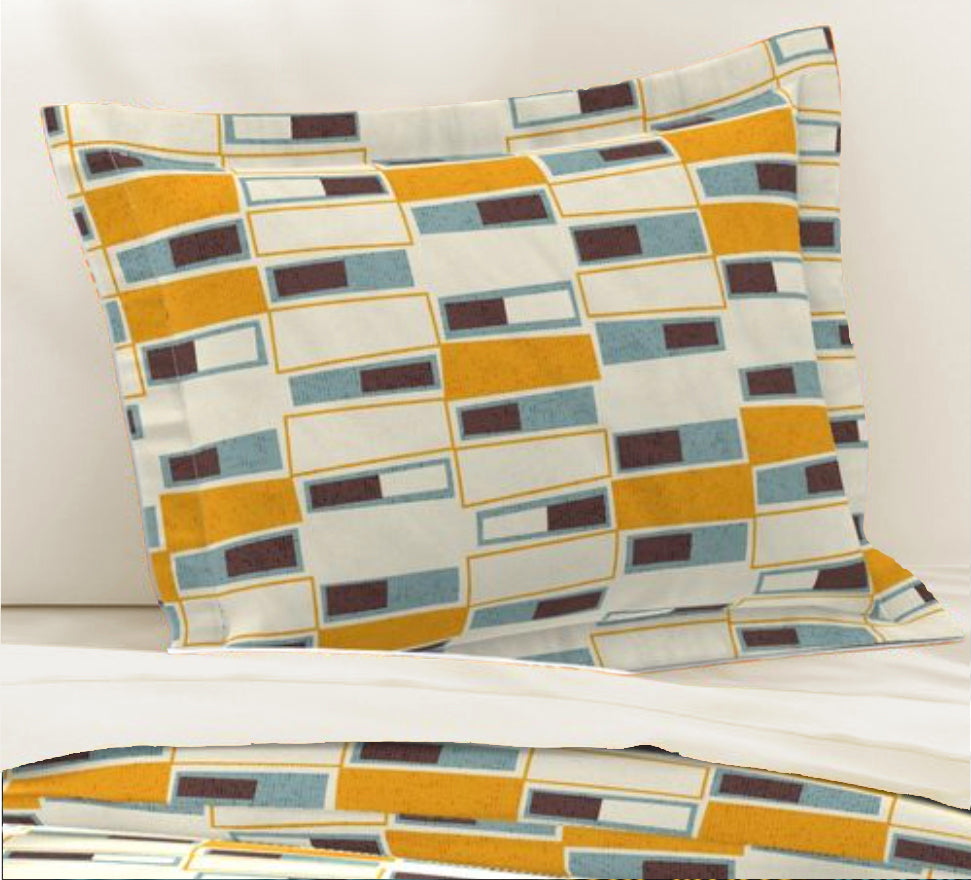 Mid-Century Modern Pillow Sham. Abstract Geometric Window Pattern on Off White. Pairs with duvets. Standard and King Sizes.