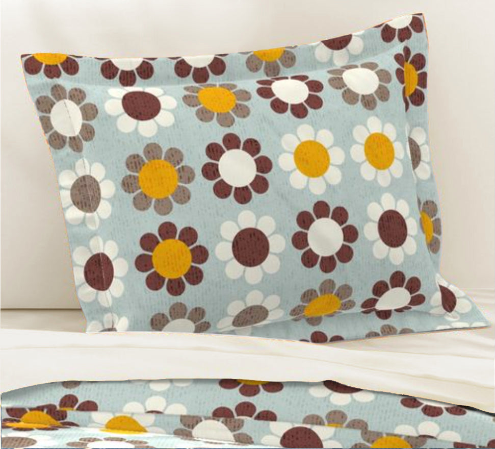 Pillow Sham with Retro Flower Power Daisy Pattern in Aqua Blue. Pairs with Duvets. Standard and King Sizes.