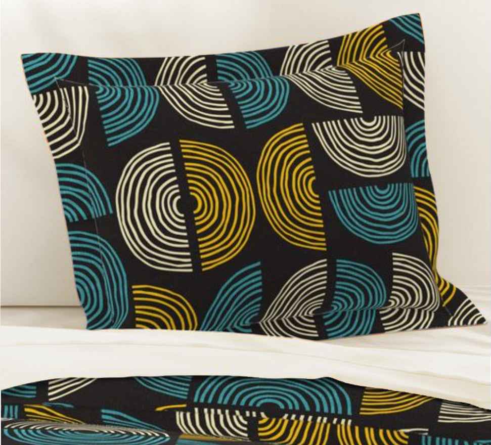 Mid-Century Modern Pillow Sham. Unique Circle Pattern in Turquoise and Gold on Black. Pairs with Duvets. Standard and King Sizes.