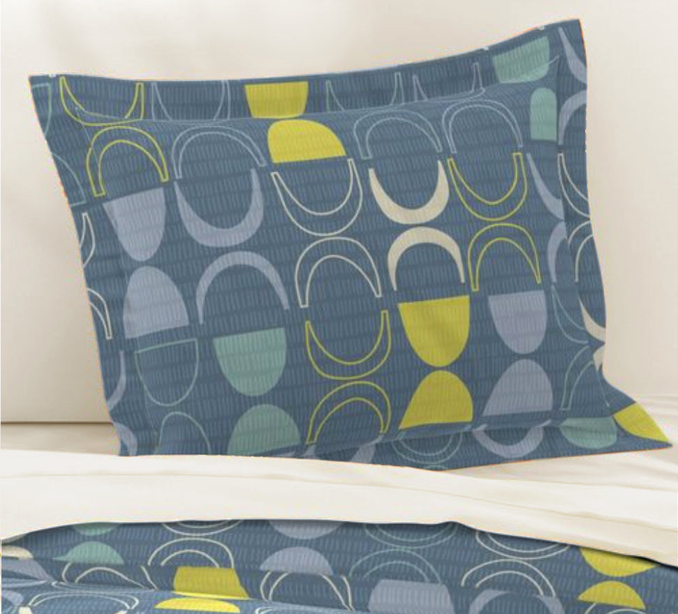 Pillow Sham with Mid-Century Print in Blues and Greens. Pairs with Duvets. Standard and King Sizes.