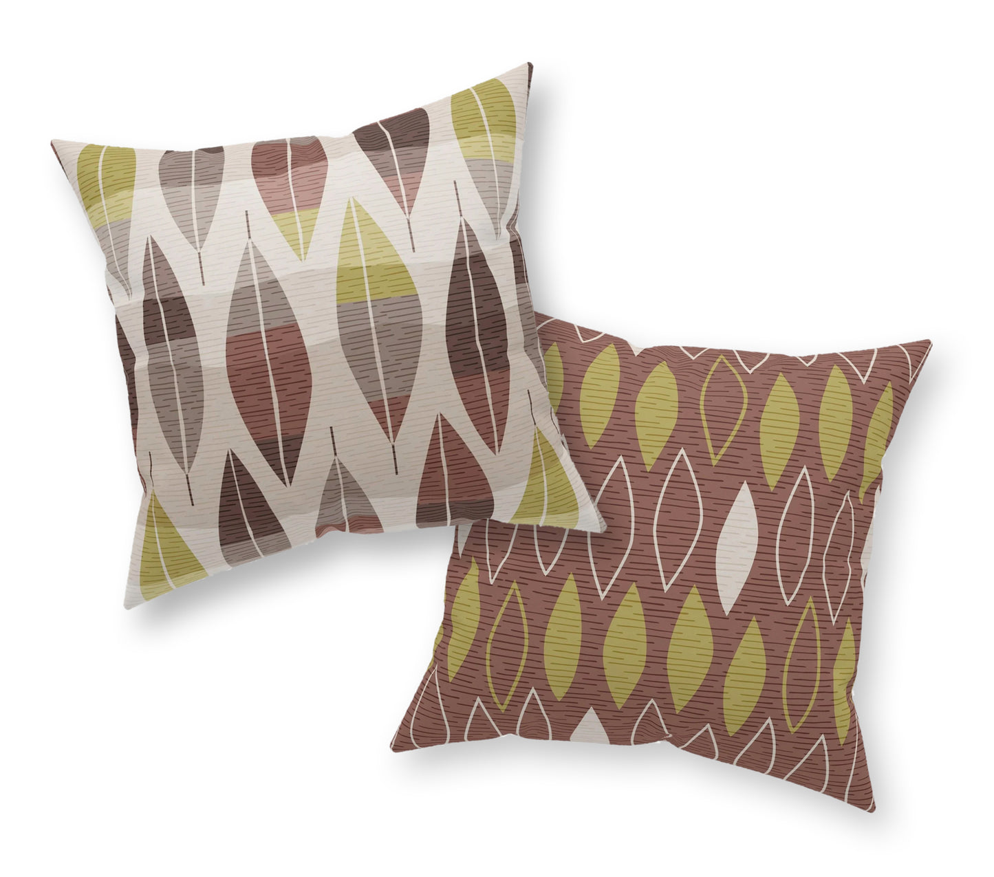 Accent Pillow with Mid-Century Leaf Patterns in Earth Tones. A Different Coordinating Print on Each Side. 5 Sizes. Pillow Insert Included.