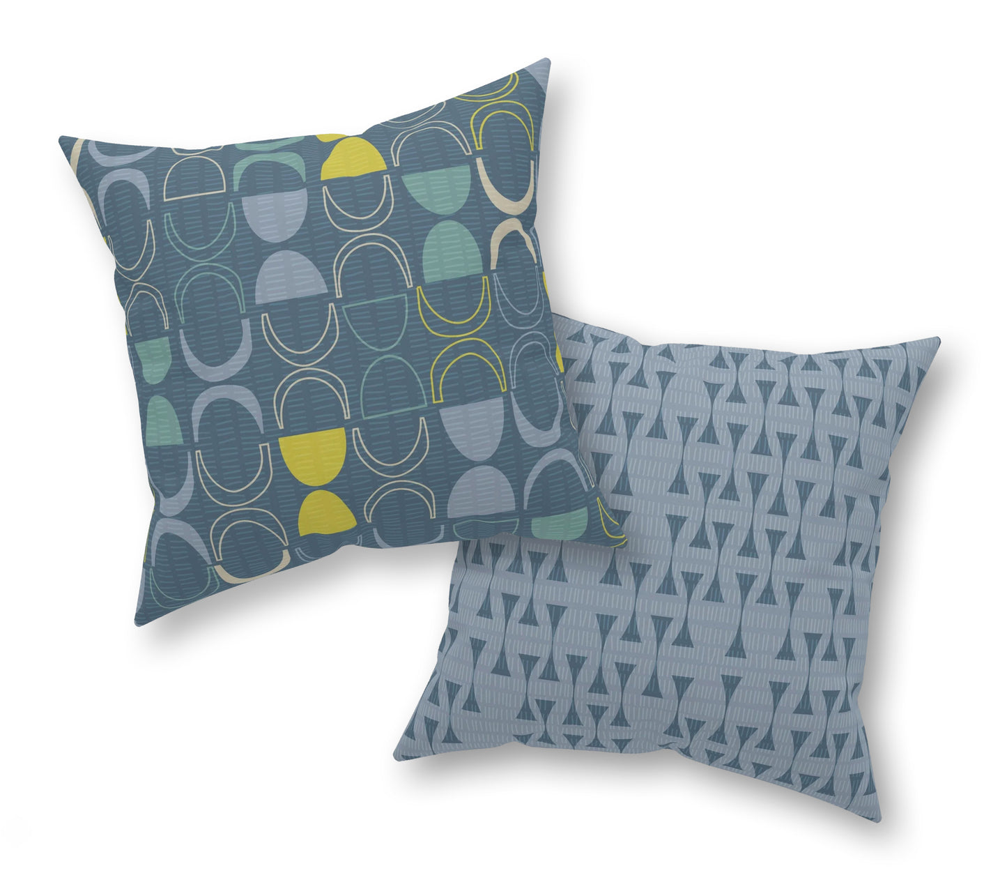 Accent Pillow with Mid-Century Abstract Patterns in Blues and Greens. A Different Print on Each Side. 5 sizes. Pillow insert included.