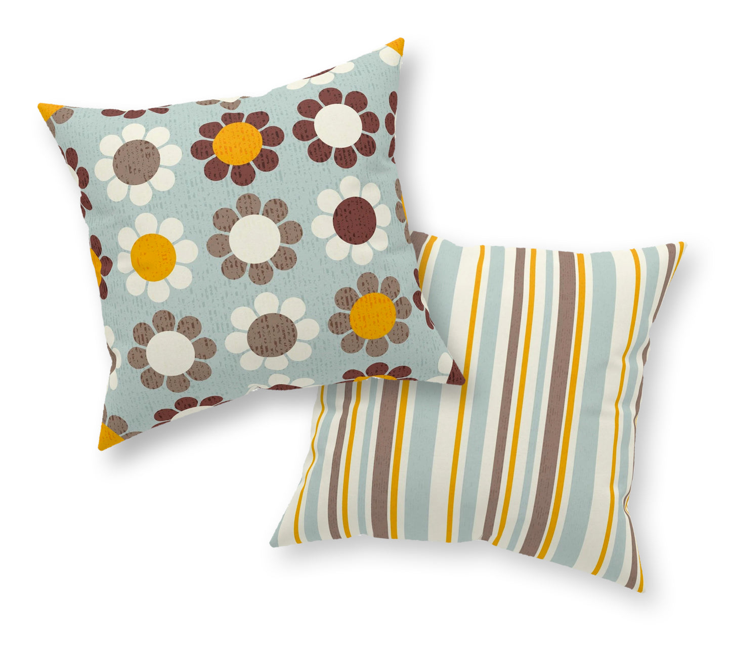 Accent Pillow with Retro Flower Power Daisy Pattern on the front, Matching Stripes on the back. 5 sizes. Pillow Insert Included